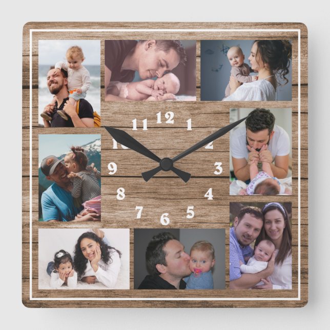 Relógio Quadrado Create Your Own 8 Photo Collage Rustic Wood   (Frente)