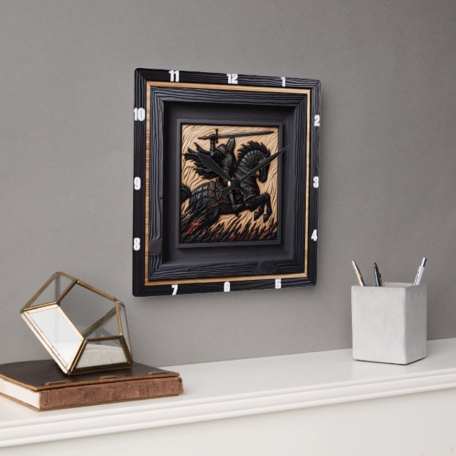 Relógio Quadrado Criação Medieval: Arte sobre Madeira com Matiz (Escritório)