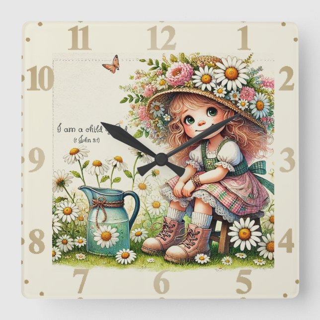 Relógio Quadrado Criança da margarida (Frente)