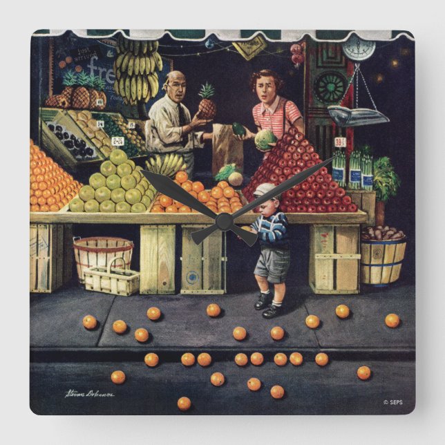 Relógio Quadrado Criança e laranjas (Frente)