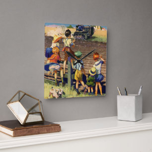 Relógio Quadrado Crianças Antigas Acenando para Fazendeiro Local em