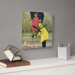 Relógio Quadrado Crianças Antigas Brincando em Poças "Um Dia Chuvos