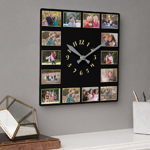 Relógio Quadrado Criar Colagem de Fotos Dourado Preto Lembrança da