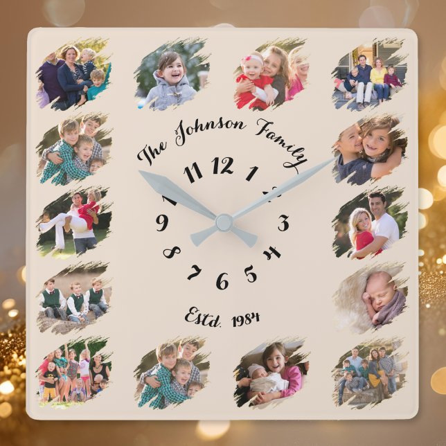 Relógio Quadrado Criar Colagem de Fotos Personalizadas da Família R (Create Custom Family Photo Collage Rustic Earth Square Wall Clock)
