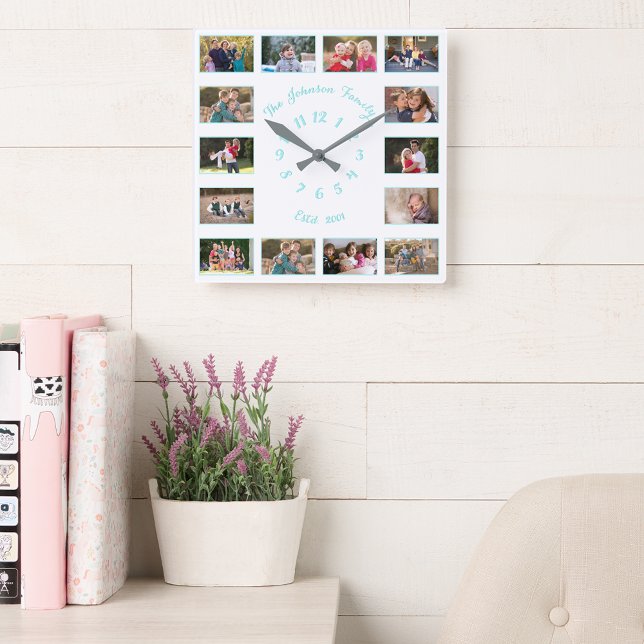 Relógio Quadrado Criar Colagem Personalizada de Fotos para Bebês da (Create Custom White Teal Family Baby Photo Collage Square Wall Clock)