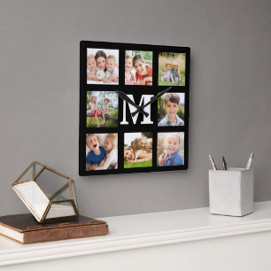 Relógio Quadrado Crie a sua família 8 Colagem de Fotografias Preto