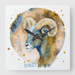 Relógio Quadrado Crie o seu próprio Dourado e Blue Aries Zodiac