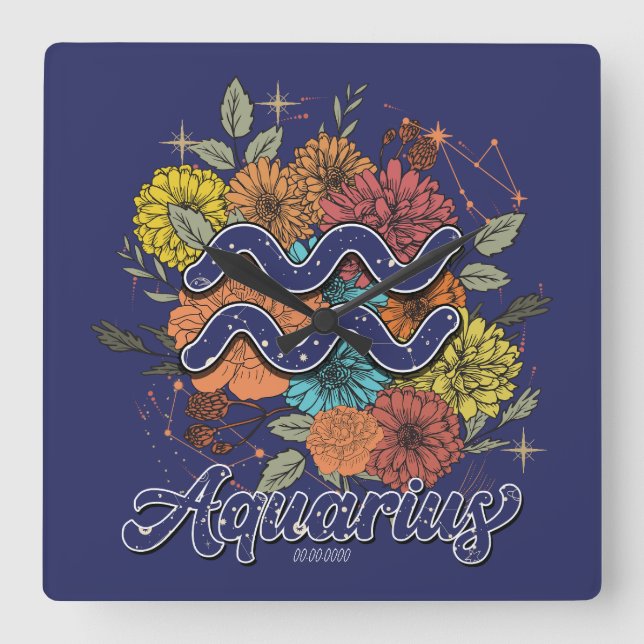 Relógio Quadrado Crie seu próprio Aquário Floral de Estrelado Zodia (Frente)