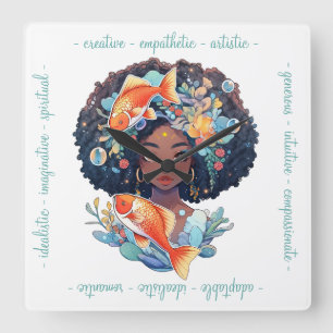 Relógio Quadrado Crie Seu Próprio Peixes Preto e Branco Elegante