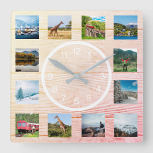 Relógio Quadrado Crie Sua Colagem de Fotos Personalizada Rustic Nat