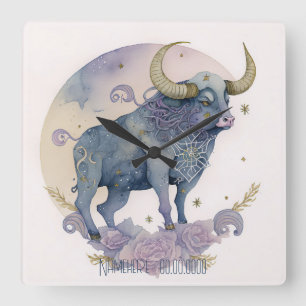 Relógio Quadrado Crie Sua Própria Aquarela Roxa Taurus Zodiac