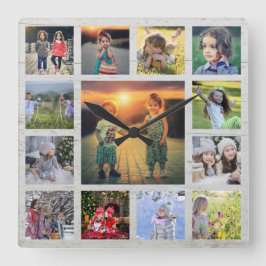Relógio Quadrado Crie sua própria família fotocolagem colagem madei