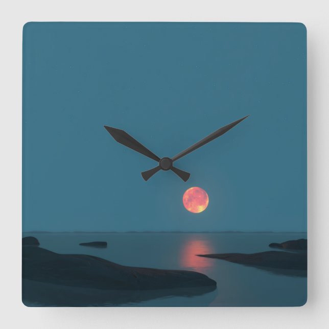 Relógio Quadrado Crimson Full Moon Over Calm Waters (Frente)
