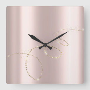 Relógio Quadrado Cristais Rosa Infinito Dourados. Blush elegante