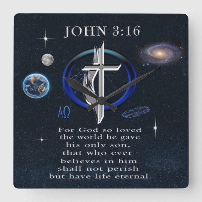 Relógio Quadrado Cristianismo João 3:16  (Frente)