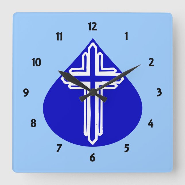 Relógio Quadrado Cruz Branca com design de Teardrop Azul (Frente)