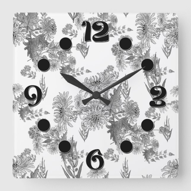 Relógio Quadrado Crysântemos lilases, cloc de parede quadrada de aq (Frente)