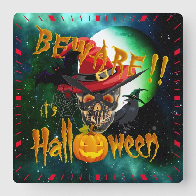 Relógio Quadrado Cuidado, é Halloween Caveira Assustadora & Lua (Frente)