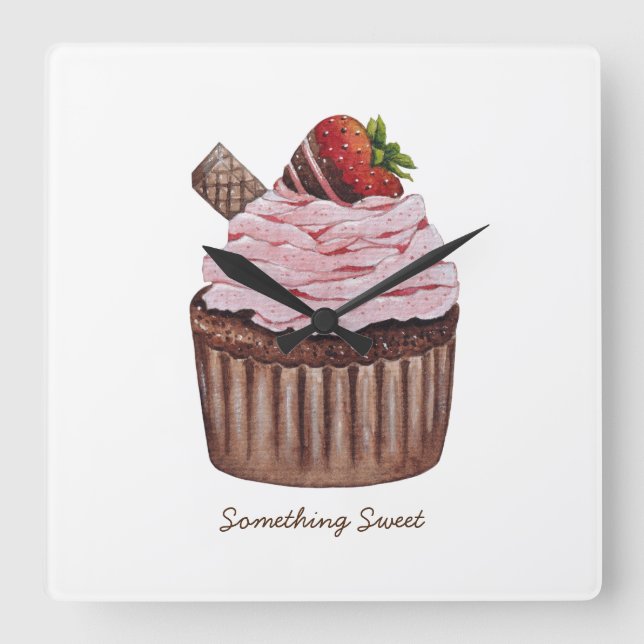 Relógio Quadrado Cupcake De Morango Cujo Cama É Em Aquarela (Frente)