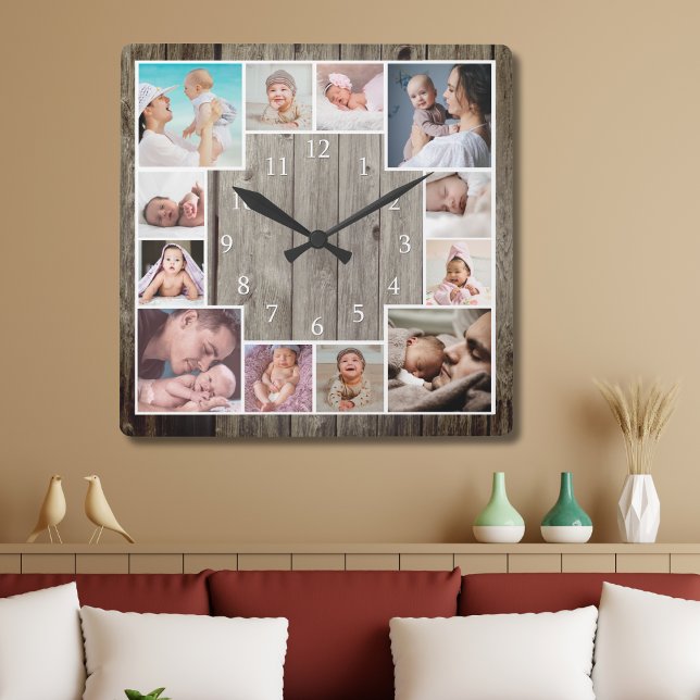 Relógio Quadrado Custom 12 Family Photo Collage Rustic Wood   (Criador carregado)