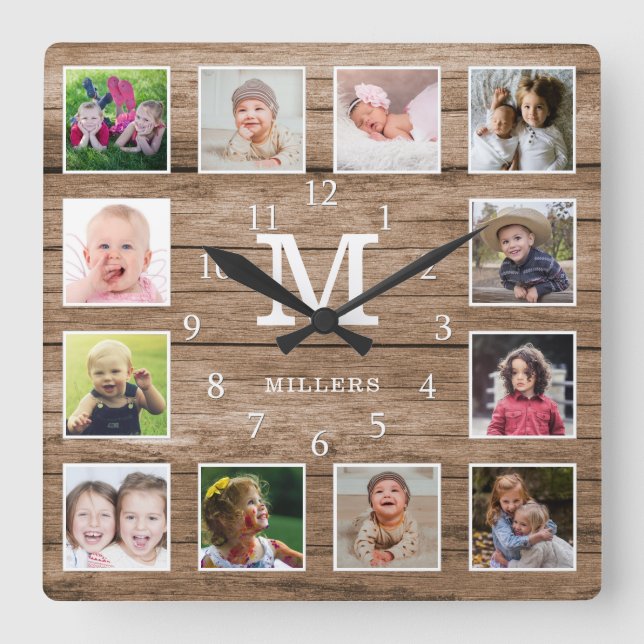 Relógio Quadrado Custom 12 Photo Collage Family Name Monogram Wood (Frente)