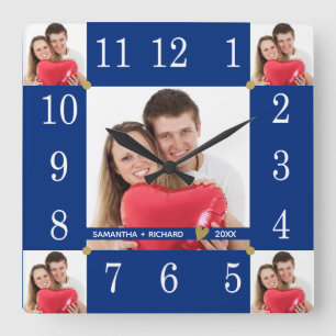 Relógio Quadrado Custom 5 Photo Collage Wedding Anniversary Blue