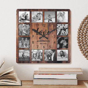 Relógio Quadrado Custom Family Photo Rustic Farmhouse Love Script
