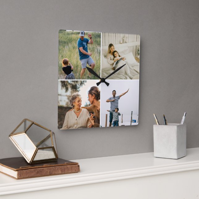 Relógio Quadrado Custom Four Photo Collage Template Modern  (Escritório)