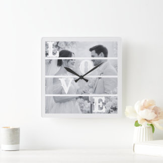 Relógio Quadrado Custom Wedding Photo "LOVE"