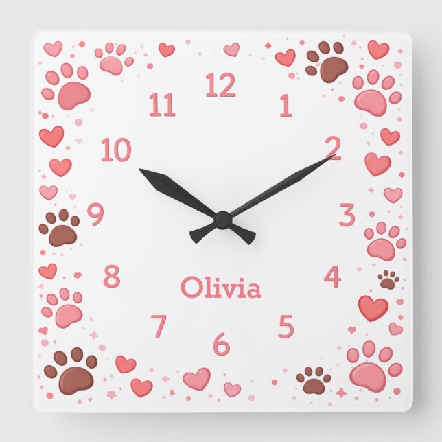 Relógio Quadrado Customizable Name Pet Paw Print Wall Clock (Frente)