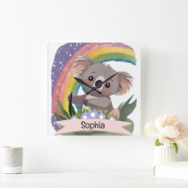 Relógio Quadrado Cute Baby Koala Rainbow Nome Personalizado