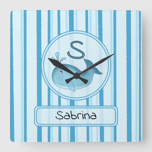 Relógio Quadrado Cute Baby Whale Blue Stripes (Frente)