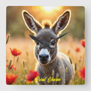 Relógio Quadrado Cute burro vermelho papoila adorável arte animal