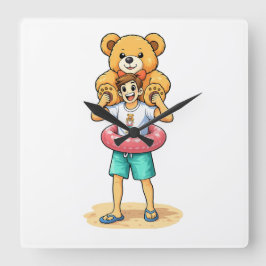 Relógio Quadrado Cute Cartoon Man with Giant Teddy Bear Summer Fun