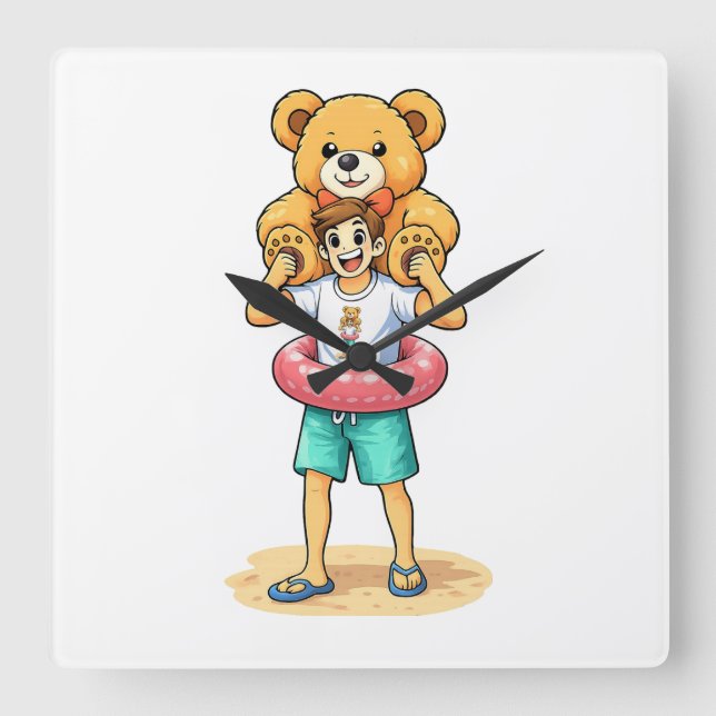 Relógio Quadrado Cute Cartoon Man with Giant Teddy Bear Summer Fun (Frente)