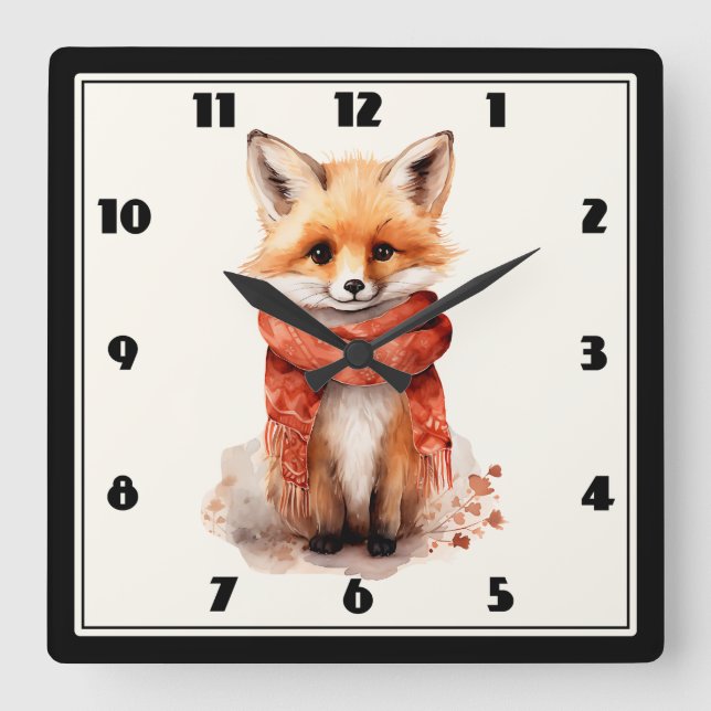 Relógio Quadrado Cute Fox Pup in a Red Scarf (Frente)