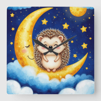 Relógio Quadrado Cute Hedgehog Golden Crescent Moon 🌙 