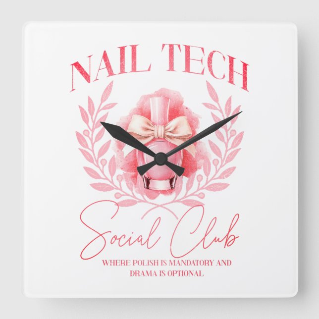 Relógio Quadrado Cute Nail Tech Coquette Nail Clube Social Polonês (Frente)