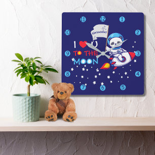 Relógio Quadrado Cute Panda Bear On Rocket Ship Kids Personalized