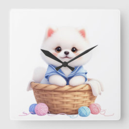 Relógio Quadrado Cute Puppy in Basket Wall Clock