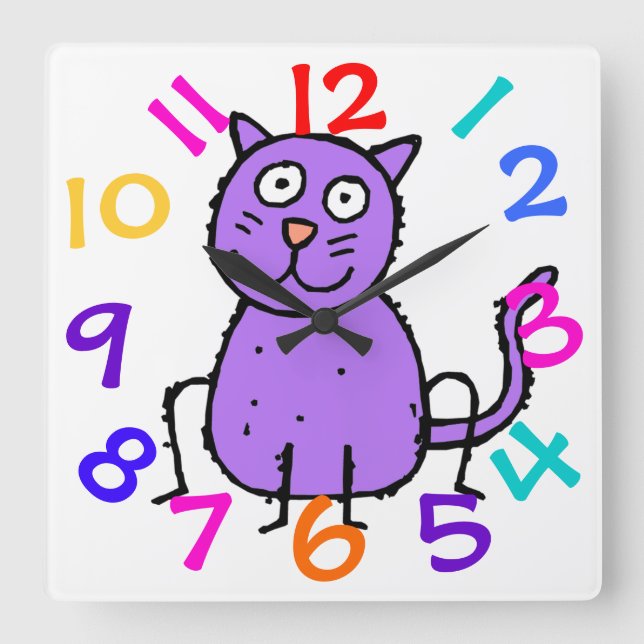 Relógio Quadrado Cute Purple Cat Design Clock For Kids Room (Frente)