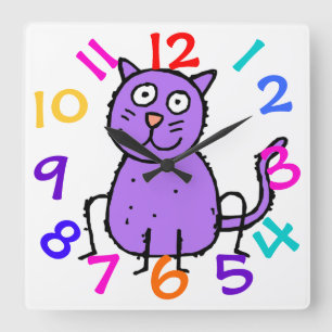 Relógio Quadrado Cute Purple Cat Design Clock For Kids Room