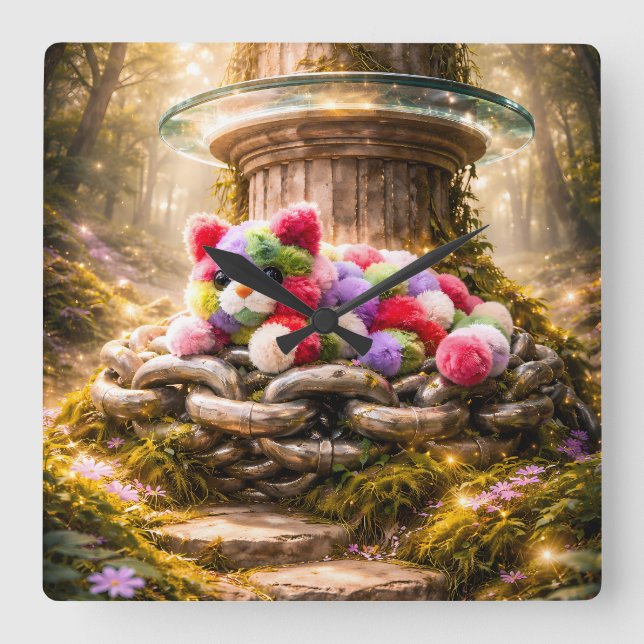 Relógio Quadrado Cute Rainbow Plush Cat Wall Clock Kids Decor (Frente)