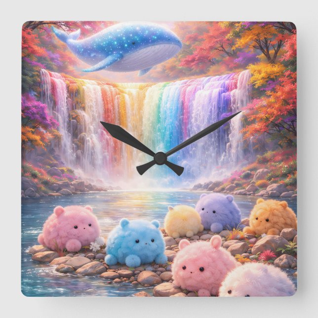 Relógio Quadrado Cute Rainbow Waterfall Kids Wall Clock Decor (Frente)