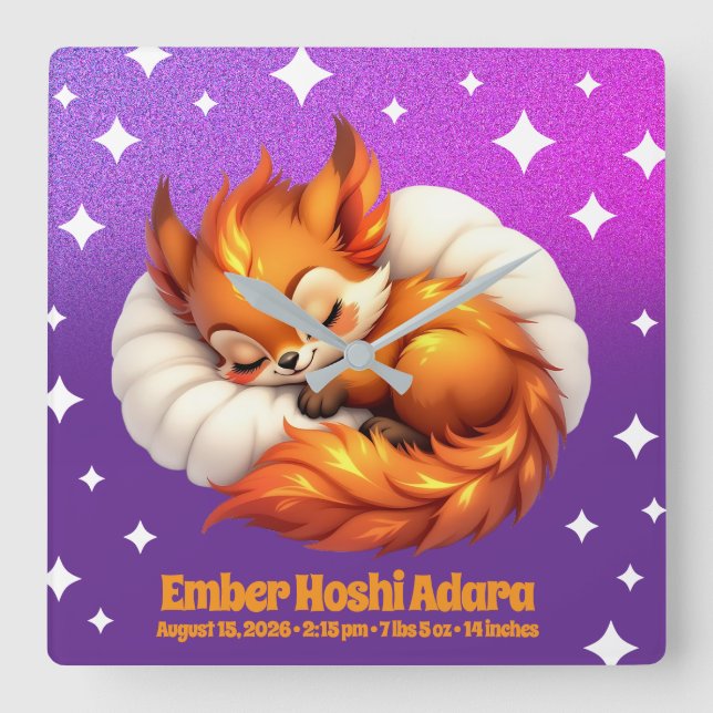 Relógio Quadrado Cute Raposa Filhote Dormindo no Céu Noturno Estrel (Frente)