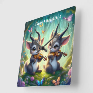 Relógio Quadrado Cute Saolas Jogando Violas em uma Floresta Mágica