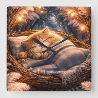 Relógio Quadrado Cute Sleeping Kitten Nursery Wall Art Decor