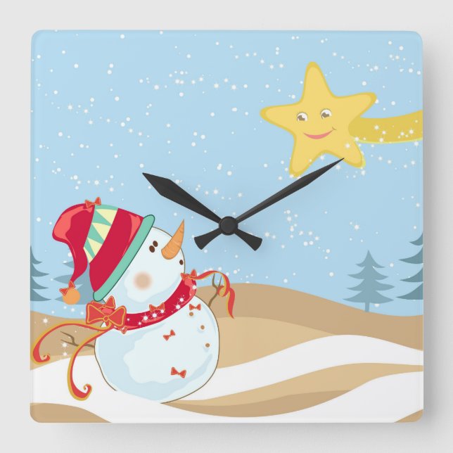Relógio Quadrado Cute Snowman Holiday Wall clock (Frente)