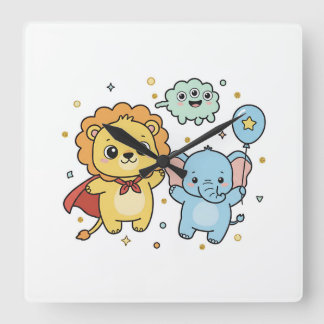 Relógio Quadrado Cute Superhero Lion and Elephant Friends Cartoon