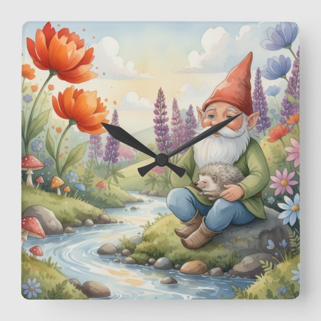 Relógio Quadrado Cute Whimsical nursery gnome forest wall clock (Frente)